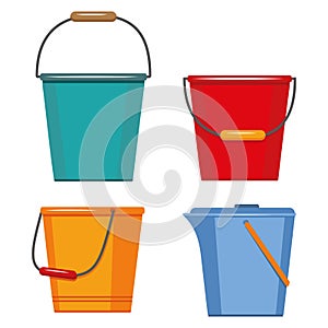 Set of insulated containers for washing and cleaning made of plastic, basins bucket bath, vector in flat style