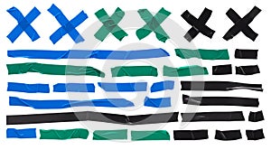 Set insulating duct tape, stripes of torn sticky pieces of different shapes, collection isolating tools on white background