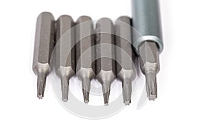Set of interchangeable torx bits for mini screwdriver, close-up