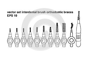 Set interdental brush orthodontic braces. Pipe-cleaner dental product personal oral hygiene at home in bathroom. Vector