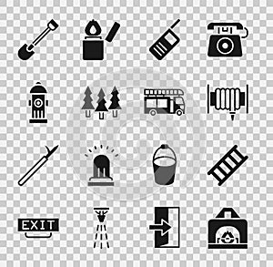 Set Interior fireplace, Fire escape, hose reel, Walkie talkie, Forest, hydrant, shovel and truck icon. Vector