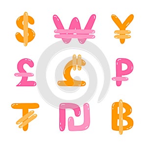 Set of international currency symbols. Cute hand drawn vector illustration with money signs. Coins of different