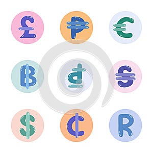 Set of international currency symbols. Cute hand drawn vector illustration with money signs. Coins of different