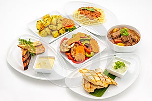 Set of international dishes arranged for catering