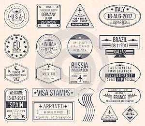 Set of international visa stamps. Vintage travel visa passport stamps