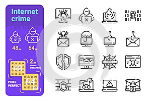 Set internet crime simple lines icons of hacker equipment.