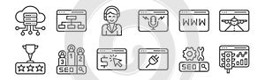set of 12 internet marketing strategy icons. outline thin line icons such as traffic, plugins, pagerank, browser, customer service photo