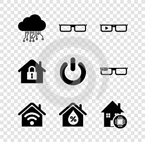 Set Internet of things, Glasses, Smart glasses, home with wi-fi, House humidity, under protection and Power button icon