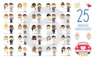 Set of 25 interracial wedding couples and nuptial icons in cartoon style photo