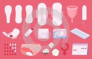 A set of intimate hygiene items for women care. Pads and tampons during menstruation. Vector illustration