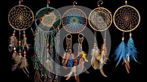 A set of intricately woven dreamcatchers adorned with beads and feathers used to bad dreams and protect dreamers during photo