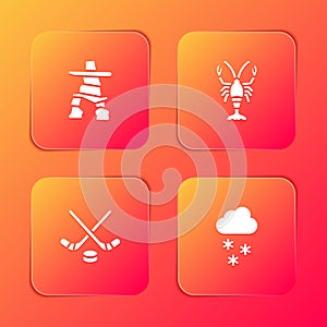Set Inukshuk, Lobster, Ice hockey sticks and puck and Cloud with snow icon. Vector