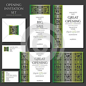 Set of the invitation cards with the green ornament. Store opening. Collection: cards, envelope, business card.