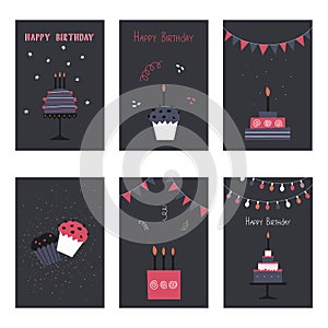 Set of invitation cards to the birthday with cake, cupcake, candles and garlands.