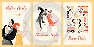 Set of invitation cards to a retro party in the style of the 1920s. Young people drink cocktails and dance in vintage costumes