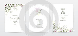 Set of invitation template cards with botanical and watercolor stains