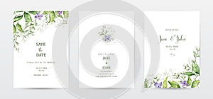 Set of invitation template cards with botanical and watercolor stains