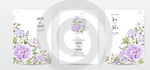 Set of invitation template cards with flowers and leaves watercolor