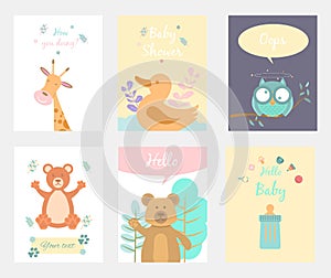 Set of invitations to baby shower, greeting card, giraffe, duck, owl, bear, soft toy and dummy. Vector illustration