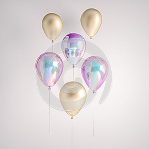 Set of iridescence holographic and gold foil balloons isolated on gray background. Trendy realistic design 3d elements for birthda