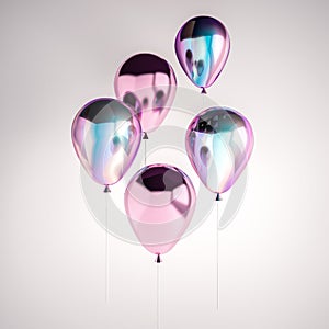 Set of iridescence holographic and pink foil balloons isolated on gray background. Trendy design 3d elements for birthday, present photo