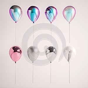 Set of iridescence holographic and silver foil balloons isolated on gray background. Trendy realistic design 3d elements for birth photo