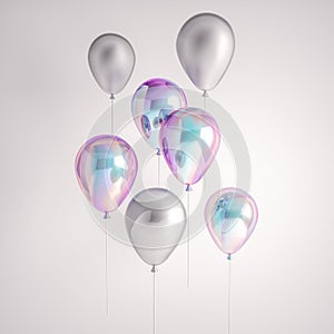 Set of iridescence holographic and silver foil balloons isolated on gray background. Trendy realistic design 3d elements for birth photo