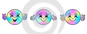 Set of iridescent emoticons in cartoon style. Line art style.