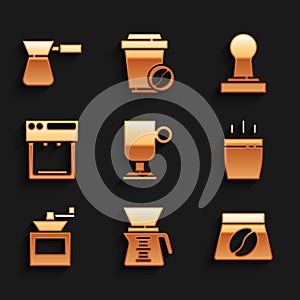 Set Irish coffee, Pour over maker, Bag beans, Coffee cup, Manual grinder, machine, tamper and turk icon. Vector