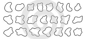 Set of irregular amorphous shapes, uneven blots, asymmetric blobs, liquid ink spots, distorted blotches textures