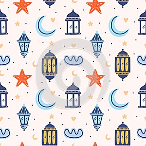 Set of Islamic background, suitable for ramadan or Eid al fitr with traditional lantern, star, half moon, mosque and clouds.