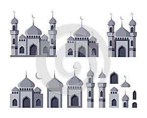 Set of Islamic mosques and minarets with dome.