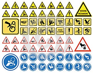 Set of ISO warning signs: hand crushing force. Be attentive. Hand chewing. Hand mutilation. EPS 10.