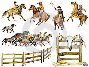 Set of isolat western cowboy, Wild Horses. American rodeo season. Mustang Watercolor