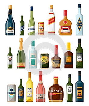 Set of isolated alcohol or booze bottles. Beverage photo