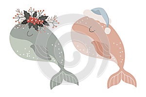 Set of Isolated baby whale with wreath of winter flowers and in santa hat. Vector illustration