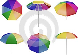 set of isolated beach umbrellas in different views. colorful beach umbrellas 3d realistic illustration