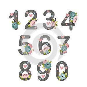 Set of isolated beautiful floral numbers