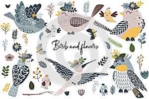 Set of isolated birds and flowers - vector illustration, eps