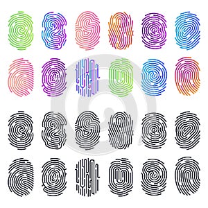 Set of isolated black and color fingerprints