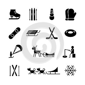 Set of isolated black icons of winter entertainment on white background. Collection of silhouette of winter sport icons. Logo flat