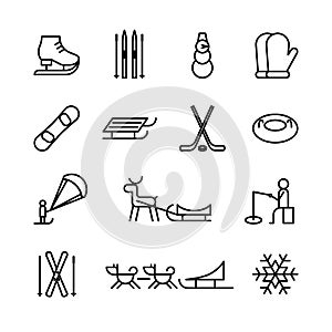 Set of isolated black line icons of winter entertainment on white background. Collection of outline winter sport icons. Logo flat