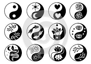 Set of isolated black and white yin yang symbol