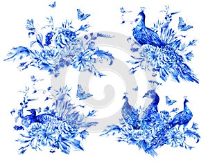 Set of isolated blue watercolor flowers and peacock