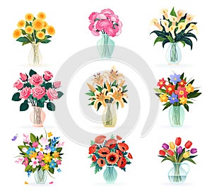 Set of isolated bouquets in vases with flowers.