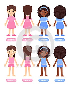 Set of Isolated Brunette Little Girl and Afro Black Baby Stand with Dress and Underwear. Front and Back view. Illustration for