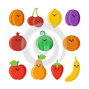 Set of isolated cartoon fruits with kawaii face on white background. Collection of colorful friendly fruits. Cute funny personage