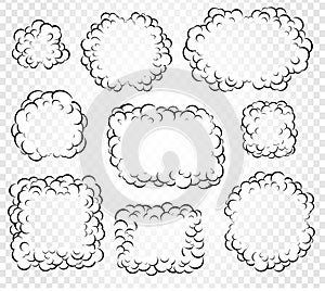 Set of isolated cartoon speech bubbles, frames of smoke or steam, comics dialogue cloud, vector illustration on white