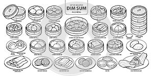 Set of isolated Chinese food, Dim Sum in 22 menu. Cute hand drawn food vector illustration in black outline and white plane.