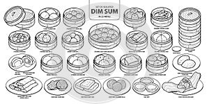 Set of isolated Chinese food, Dim Sum in 22 menu. Cute hand drawn food vector illustration in black outline and white plane. photo